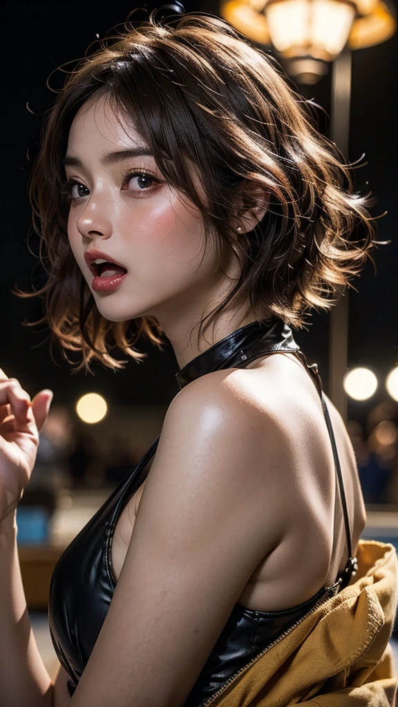 Short hair, outdoors, fair skin, messy hair, open mouth, Japanese woman, So cute, Soft and Face, Brown Hair, 8k resolution, ultra-realistic, Super Definition, Soft Body Tight Ass Night, A cup small ((Highest resolution, 8k, masterpiece: 1.3)), Super Definition Face, Super Definition Lips, Beautiful Eyes, double eyelid