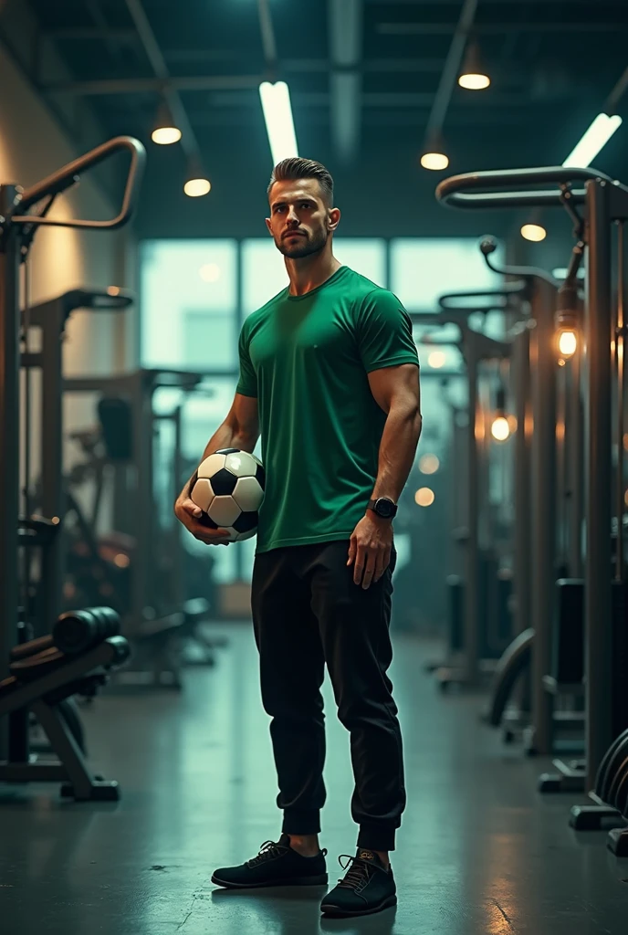 a man wearing black pants and green shirt ,standing in front of fitness equipment inside a shop, looking ahead, holding a soccer ball, photorealistic, dynamic lighting, highly detailed, 8k, best quality