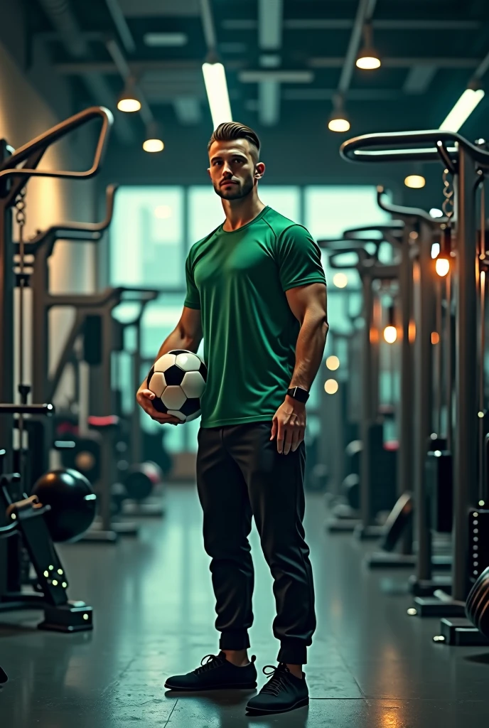 a man wearing black pants and green shirt ,standing in front of fitness equipment inside a shop, looking ahead, holding a soccer ball, photorealistic, dynamic lighting, highly detailed, 8k, best quality