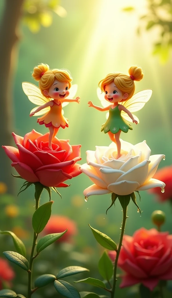 two rose, white rose and  red rose  in the garden dancing cartoon stylist, some water drops on flower,two dancing cartoon stylist fairies on both flowers sun rays in garden , greenery
