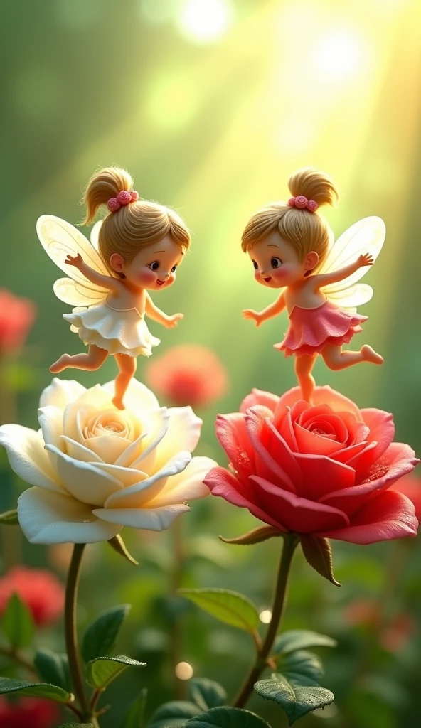 two rose, white rose and red rose in the garden dancing cartoon stylist, some water drops on flower,two dancing cartoon stylist fairies on both flowers sun rays in garden , greenery