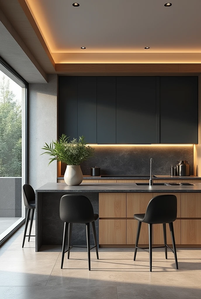 Professional 3d architecture rendering design of modern and minimal kitchen with so dark vintage blue and dark beige cabinets and modern windows and so dark gray marble slab stone island and black modern chairs and high quality