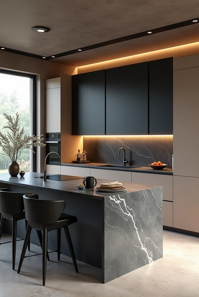 Professional 3d architecture rendering design of modern and minimal kitchen with  so dark vintage blue  and dark beige cabinets and modern windows and  so dark gray marble slab stone island and  black modern chairs and high quality 