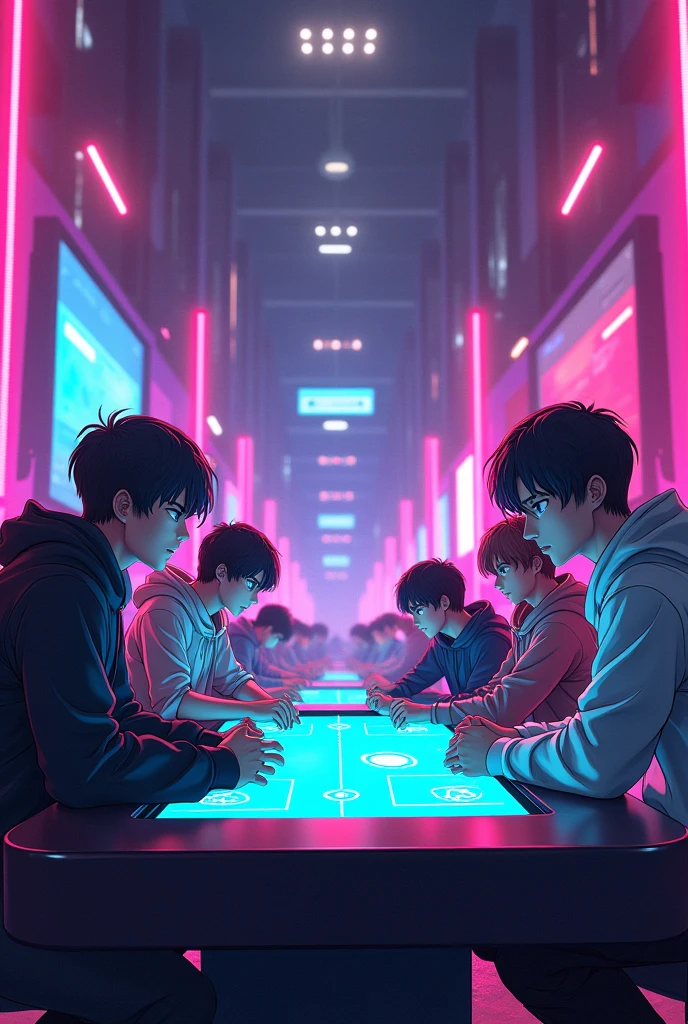 Anime character men  on a gaming table and neon lights on backf