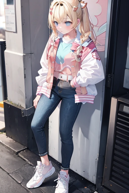 pink letterman jacket, black long pants, full body, high quality,