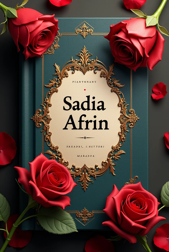 Please make a name plate of Sadia Afrin with rose seems like book cover . Font bold. Change font style and background design 