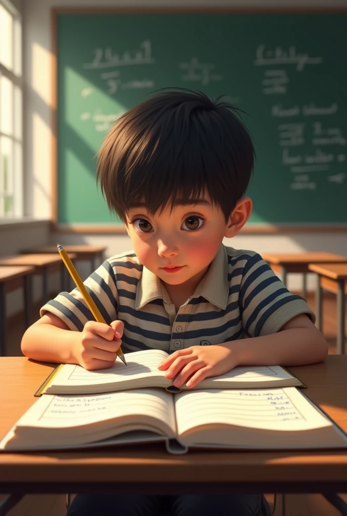 A highly realistic image of the same young boy, around  with short black hair, sitting alone at a small desk in a brightly lit classroom. The boy is wearing his usual striped shirt and dark pants, with a focused and determined expression on his face. In front of him are several open notebooks filled with neat handwriting and completed assignments. A pencil is firmly held in his hand as he writes, his posture upright and attentive. The classroom is empty, with rows of neatly arranged desks and a large chalkboard in the background filled with notes and math problems. Sunlight streams in through the window, casting a warm glow on the boy’s concentrated face. The scene captures a moment of quiet achievement and self-reliance, as the young boy demonstrates his ability to succeed academically through his own hard work and determination.