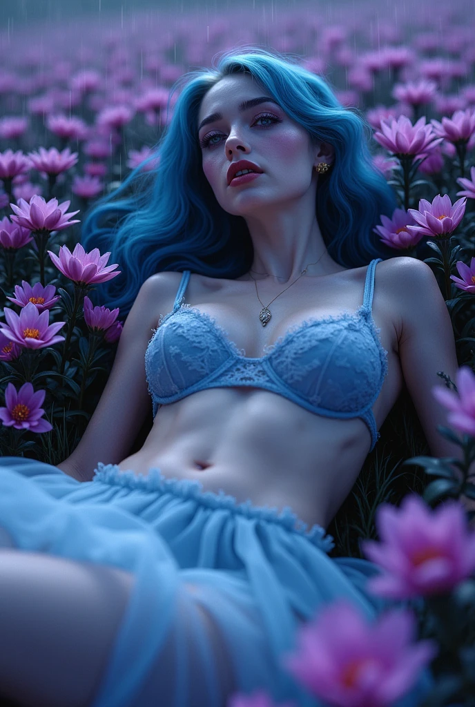 The vampire queen is lying in a field of purple flowers、One person, Light blue lace underwear、She is wearing a light blue tulle skirt、Blue Hair/Light blue hair, Golden Eyes, Textured skin, Ultra high definition, Very detailed, Large Breasts, delicate facial expression cinematic light effects, Abuse of color difference, Halftone Style, fluorescence, Artistic, Various colors of light、Countless petals fluttering down、Countless flowers bloom in profusion、Backlight, fluorescence, Realistic skin texture、Blood splattering、Vampire、Attractive woman、maternal