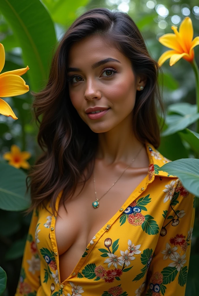 A Brazilian woman in a lush tropical garden, wearing an open shirt with a floral print, with a close-up capturing the harmonious beauty between her breasts and the natural flowers, showing off your natural charm and outgoing personality.
