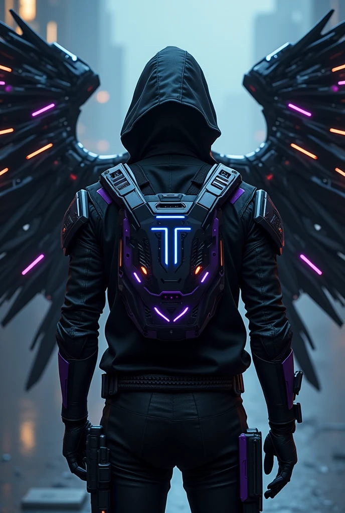 A man stands with his back to the viewer, dressed in futuristic tactical gear. His outfit is a mix of modern tank designs and high-tech elements, mainly in black, with purple accents, silver, neon blau, and red. On his back, he has mechanical wings made of shiny metal, adorned with neon lights that glow in blue and red. The wings are elaborately designed, with a touch of futuristic technology. The man is wearing a hood, which is pulled low over his head, his face hidden in the shadow. The scene is dark and mysterious, with a slightly futuristic shimmer from the neon lights. The wings are reminiscent of angel wings and are retracted. The wings are bigger than the man. The wings are attached to his back