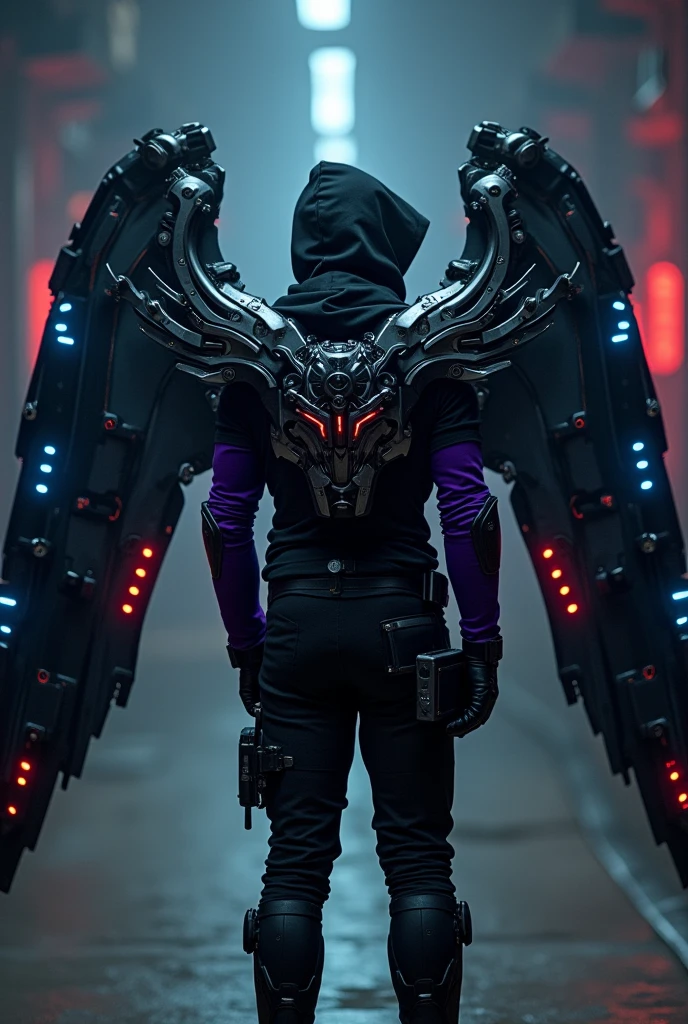 A man stands with his back to the viewer, dressed in futuristic tactical gear. His outfit is a mix of modern tank designs and high-tech elements, mainly in black, with purple accents, silver, neon blau, and red. On his back, he has mechanical wings made of shiny metal, adorned with neon lights that glow in blue and red. The wings are elaborately designed, with a touch of futuristic technology. The man is wearing a hood, which is pulled low over his head, his face hidden in the shadow. The scene is dark and mysterious, with a slightly futuristic shimmer from the neon lights. The wings are reminiscent of angel wings and are retracted. The wings are bigger than the man. The wings are attached to his back