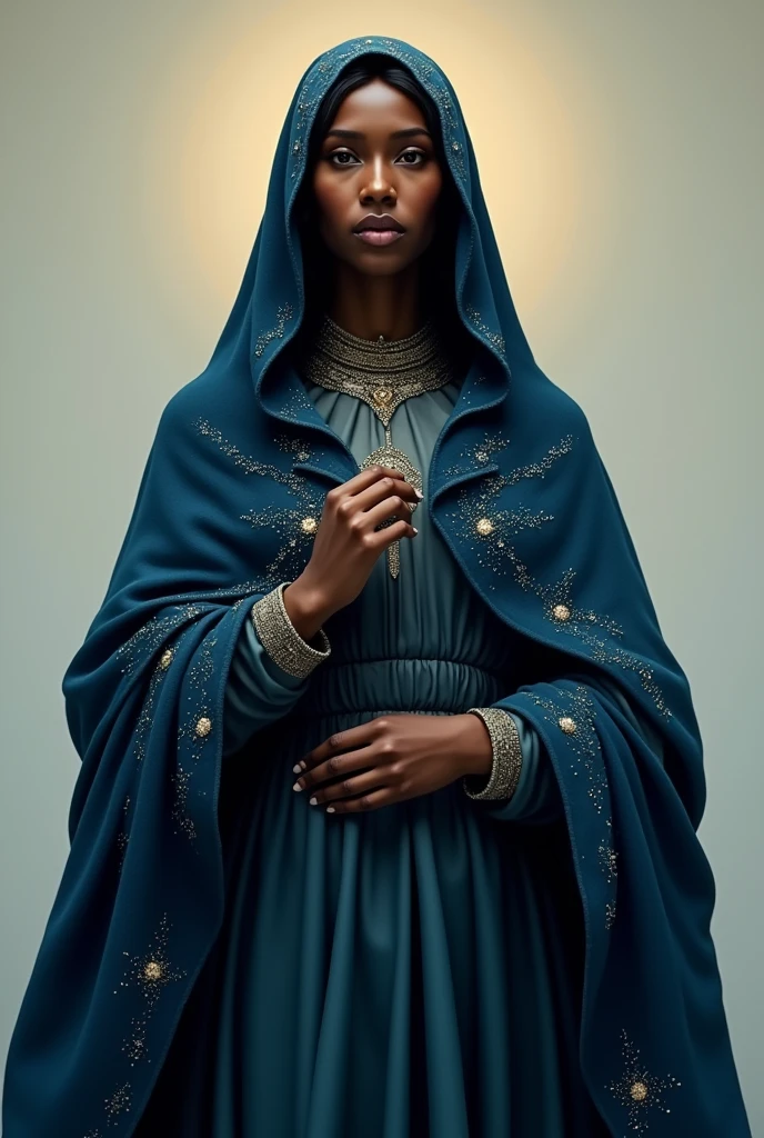 Our Lady Aparecida, black saint, dressed in a dark blue velvet cloak, with glitter and rhinestones