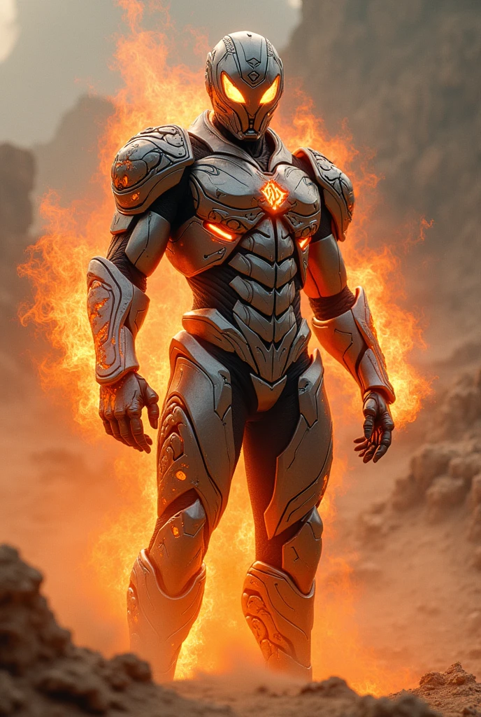 Create superhero with suit full body armour look alike kamen rider with snake element smoke effect background at desert lava effect on suit fighting action
