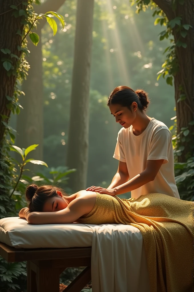on the background of the enchanted forest there is a massage table, on it lies a woman dressed in a golden T-shirt, next to her is a (ONE) male masseur, giving her a back massage