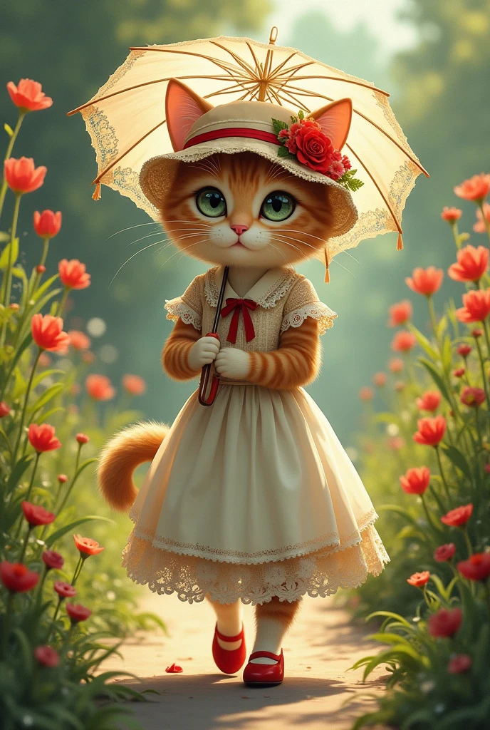 Mother cat in a cotton lace dress and a cap decorated with flowers and ribbons in red shoes and a guipure umbrella in her paws walks in a blooming sunny garden , Retro style