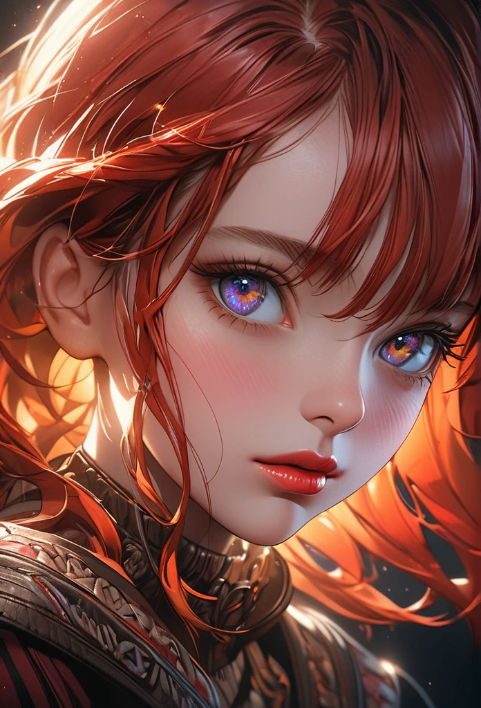 a redheaded girl with dark eyes, beautiful detailed eyes, beautiful detailed lips, extremely detailed eyes and face, long eyelashes, portrait, digital painting, highly detailed, intricate details, cinematic lighting, dramatic lighting, rich color palette, vibrant colors, warm tones, masterpiece, photorealistic, 8k, extremely detailed, hyper detailed, realistic, high quality, sharp focus
