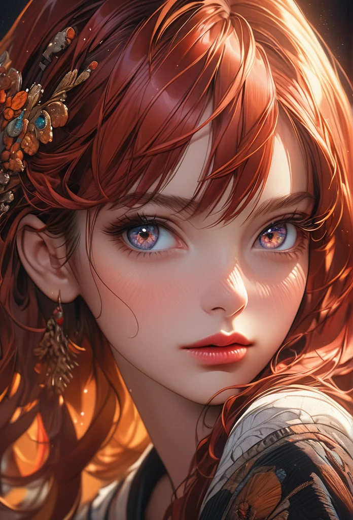 a redheaded girl with dark eyes, beautiful detailed eyes, beautiful detailed lips, extremely detailed eyes and face, long eyelashes, portrait, digital painting, highly detailed, intricate details, cinematic lighting, dramatic lighting, rich color palette, vibrant colors, warm tones, masterpiece, photorealistic, 8k, extremely detailed, hyper detailed, realistic, high quality, sharp focus
