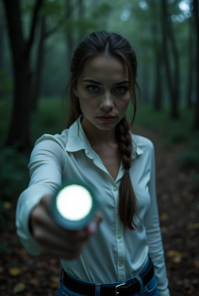 An adult white woman with brown tied hair and blue eyes wearing a white button-down shirt in the woods with a flashlight in her hand and a horror setting