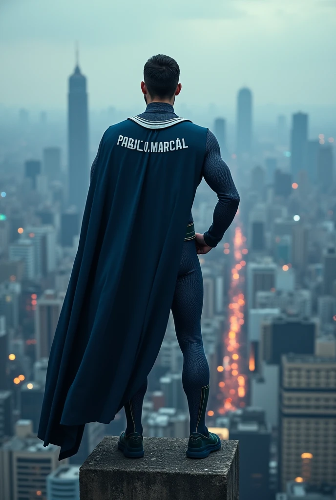 A man with his back turned ,wearing a navy blue and light gray superhero outfit with a cape that says Pablo Marçal , with both hands on his waist, on top of a building, looking at the skyline of a metropolis in the city of São Paulo.
