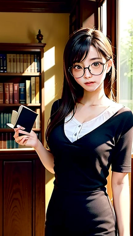 (character details + style) Female teacher, (detail) Half Body, Holding glasses frame, (Lens Effects + light + Scenes) Light and shadow intertwine, By the window, The sun is warm, Dazzling bookshelves, The students&#39; desks are scattered with teaching supplies and textbooks., Fresh air in the classroom, Black jk