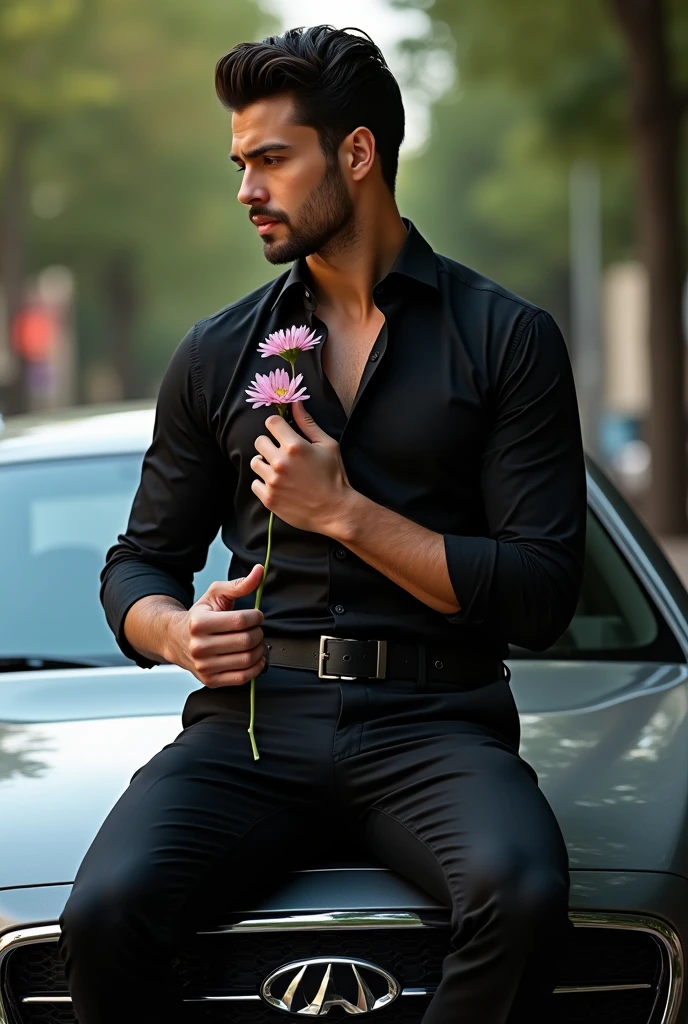 a man wearing black shirt and dress pent holding and seeing flower while sitting on a car,s bonnet in sexy look