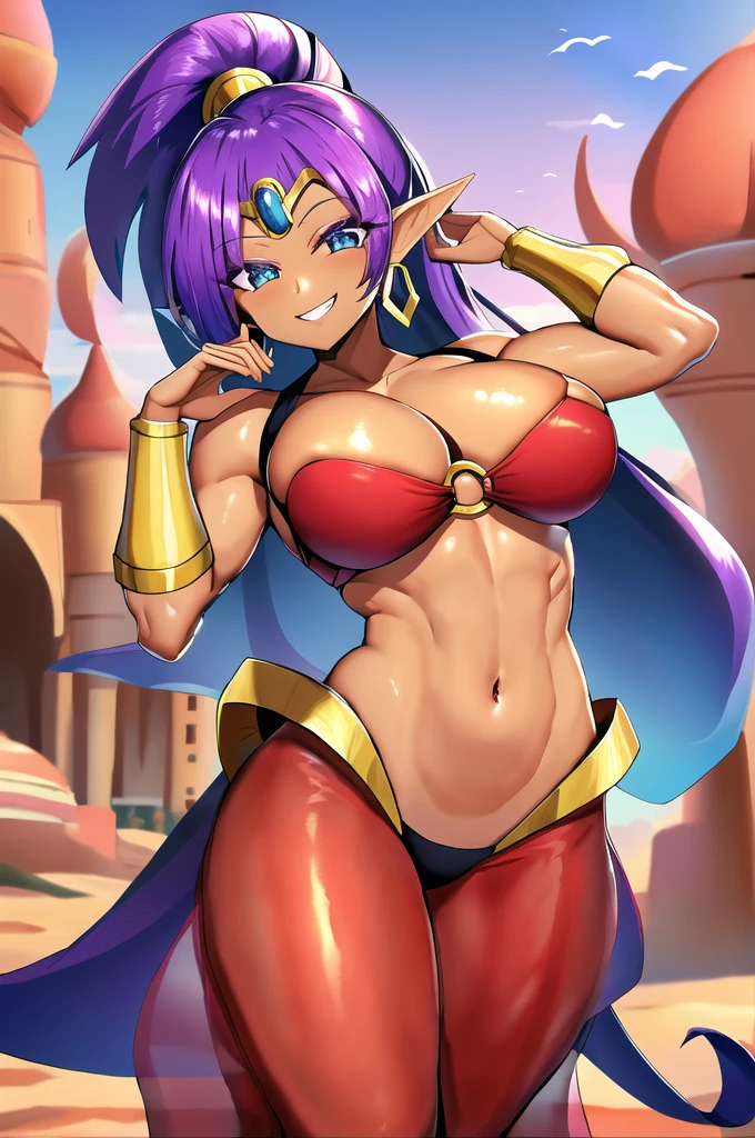 Chanter \(and\), One person, alone, smile, Purple Hair, jewelry, Dark Skin, belly button, Earrings, Cleavage, Dark skinned women, Pointed Ears, blue eyes, Bandeau, Grin, hoop Earrings, High Ponytail, Arabian clothing, tiara, pants, Raise the hand, harem pants, O-ring, Huge breasts, Big Hair, O-ring top,See-through clothing,Face Veil, Forehead jewel, abdomen,Biceps, vein, veinの浮いた腕, Muscular, Abdominal muscles, belly button,  Braces, desert, 