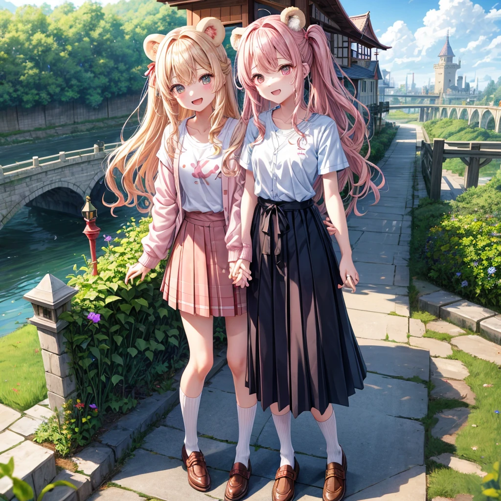 Pink Blonde、Red eyes、Wavy Hair、Hair tied up、Two cute、Checked mini skirt、black t-shirts、cardigan、Knee-high socks、bear ears baseball cap、Teeth are visible、Monster Castle、Tilting face、crossing the bridge、hazakura、windmill、grass、Stones are growing out of the ground.、Holding hands with a teddy bear、Morning glory is blooming.、In front of the city gates、clock、Underground tunnels、Waterway、Small boat