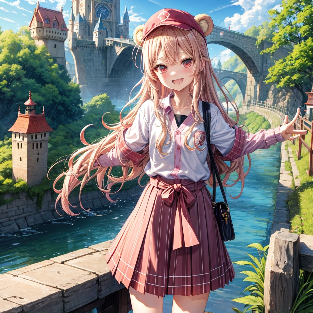 Pink Blonde、Red eyes、Wavy Hair、Hair tied up、Two cute、Checked mini skirt、black t-shirts、cardigan、Knee-high socks、bear ears baseball cap、Teeth are visible、Monster Castle、Tilting face、crossing the bridge、hazakura、windmill、grass、Stones are growing out of the ground.、Holding hands with a teddy bear、Morning glory is blooming.、In front of the city gates、clock、Underground tunnels、Waterway、Small boat