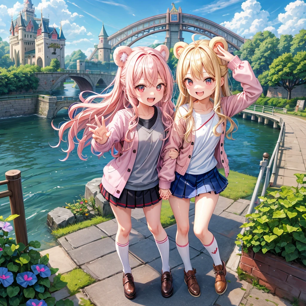 Pink Blonde、Red eyes、Wavy Hair、Hair tied up、Two cute、Checked mini skirt、black t-shirts、cardigan、Knee-high socks、bear ears baseball cap、Teeth are visible、Monster Castle、Tilting face、crossing the bridge、hazakura、windmill、grass、Stones are growing out of the ground.、Holding hands with a teddy bear、Morning glory is blooming.、In front of the city gates、clock、Underground tunnels、Waterway、Small boat