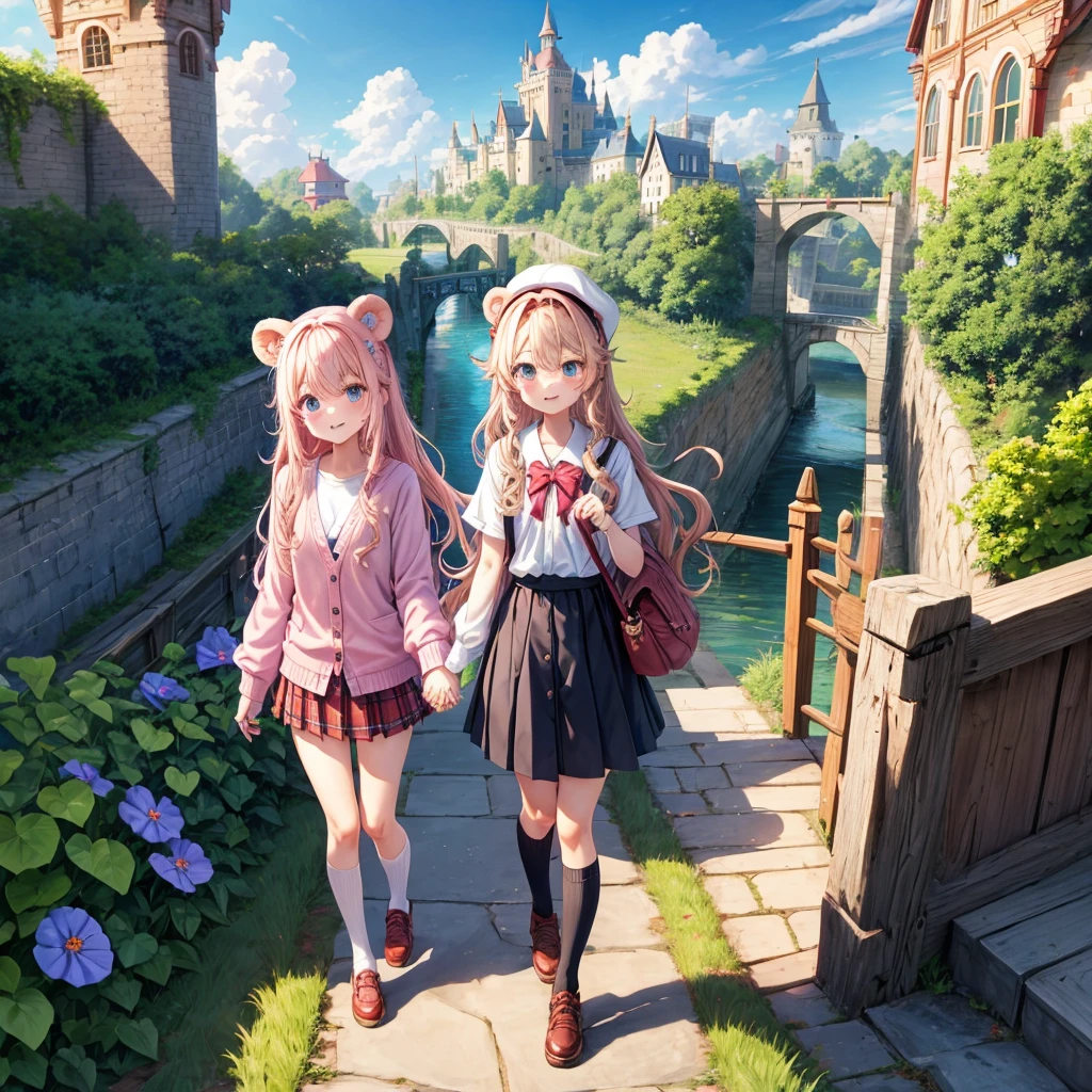 Pink Blonde、Red eyes、Wavy Hair、Hair tied up、Two cute、Checked mini skirt、black t-shirts、cardigan、Knee-high socks、bear ears baseball cap、Teeth are visible、Monster Castle、Tilting face、crossing the bridge、hazakura、windmill、grass、Stones are growing out of the ground.、Holding hands with a teddy bear、Morning glory is blooming.、In front of the city gates、clock、Underground tunnels、Waterway、Small boat