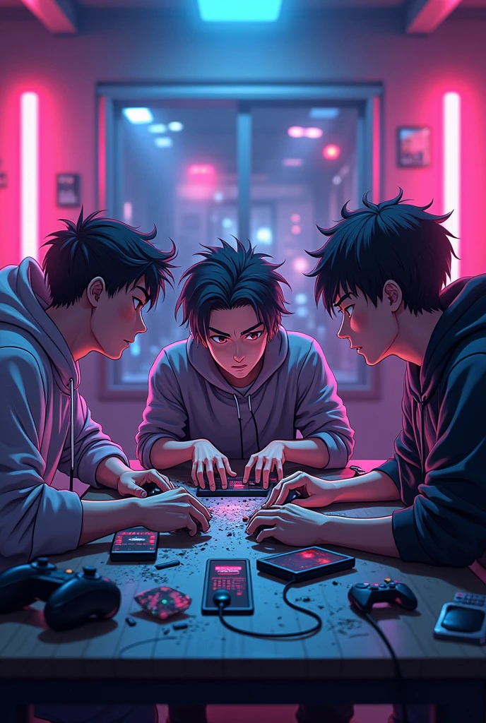 Anime character men on a gaming table and neon lights on back face in front of me