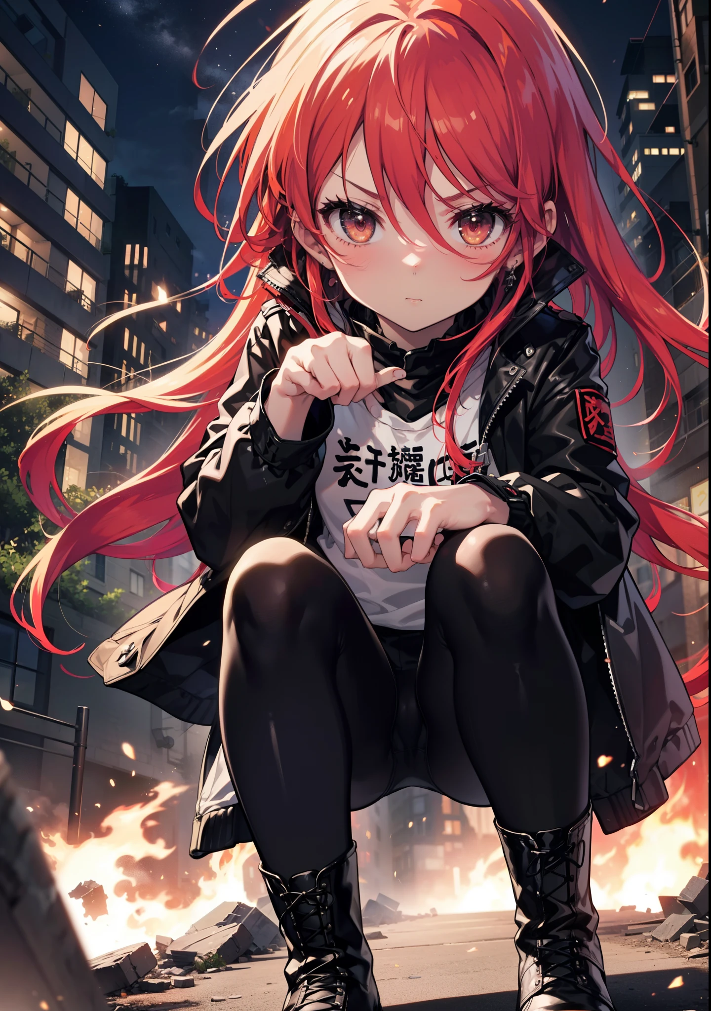 Shana,灼眼のShana,Long Hair, Redhead, Red eyes, Ahoge,Small breasts,Serious face,black rider jacket,Black T-shirt,Leather pants,boots,rubble,The town is collapsing,Explosive Flame,A long Japanese sword wrapped in flames:1 is stuck in the ground,night,moonlight,Are standing,whole bodyがイラストに入るように,　　　　　　　　　　　　　break outdoors, Building district,　　　　　　　　　　　　　　　break looking at viewer, whole body, 　　　　　　　　break (masterpiece:1.2), Highest quality, High resolution, unity 8k wallpaper, (shape:0.8), (Beautiful attention to detail:1.6), Highly detailed face, Perfect lighting, Extremely detailed CG, (Perfect hands, Perfect Anatomy),