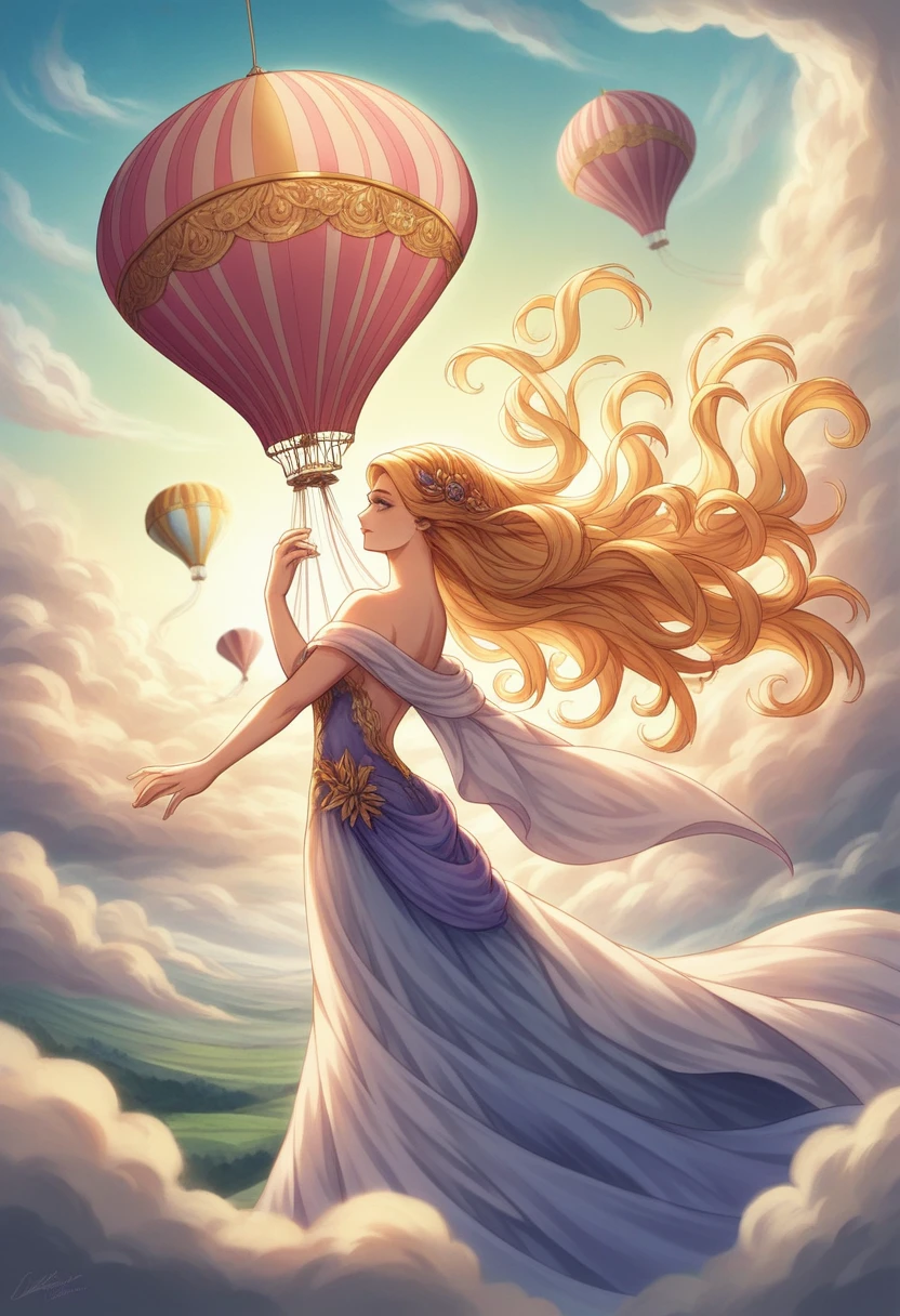 very large hot air balloon floating in the sky, golden glitter, fascinating landscape, breathtaking view, shiny fabric, intricate details, lovely sunset, capricious clouds, Panoramic landscape, dream atmosphere, elegant movement, majestic presence, ethereal adventure, magical journey, glamorous experience, gentle breeze, picturesque backdrop, opulent design, exquisite craftsmanship, radiant glow, opalescent hues, golden hour, Serene horizon, floating above the clouds, tranquil escape, luxury escape, quiet atmosphere

