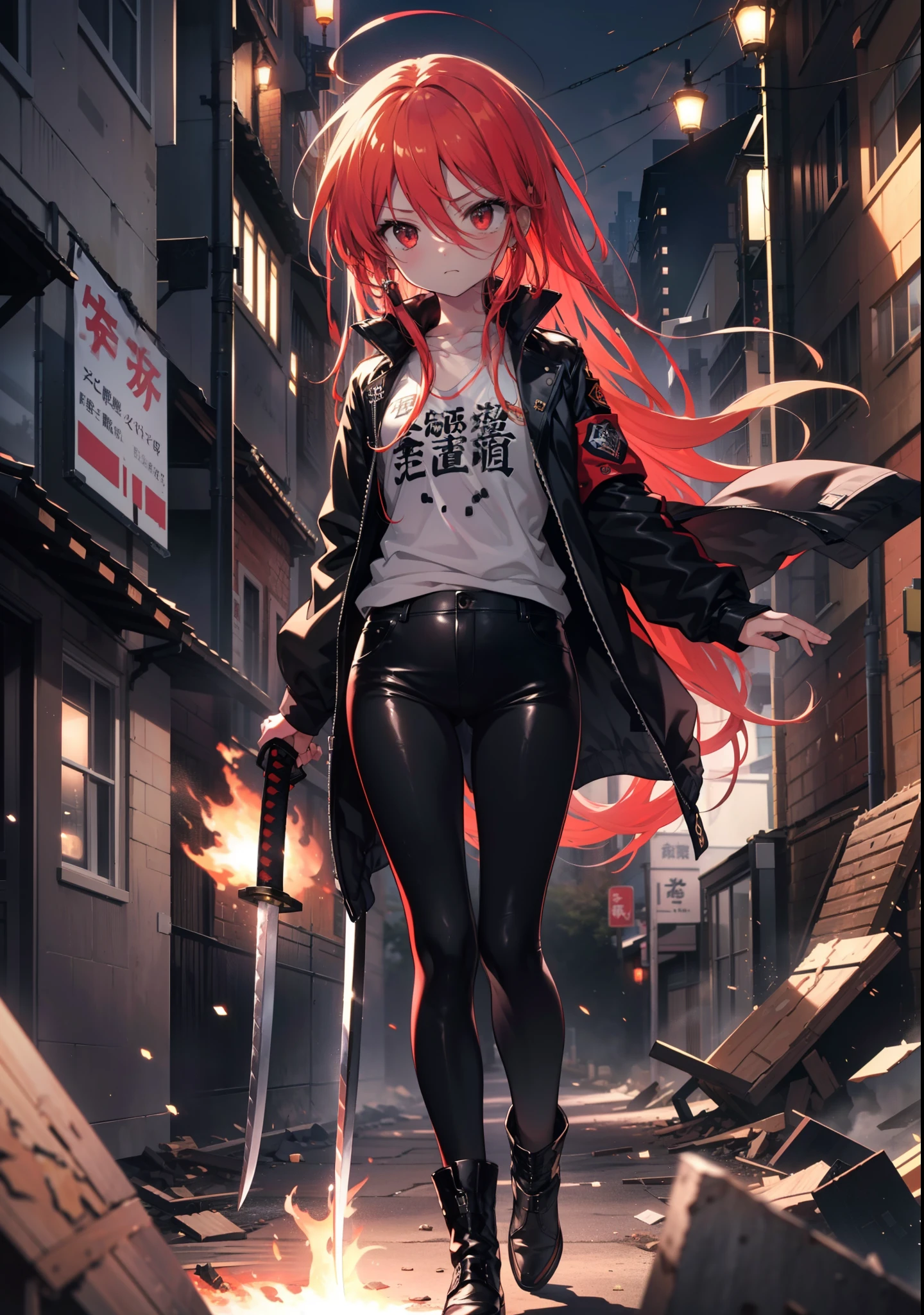 Shana,灼眼のShana,Long Hair, Redhead, Red eyes, Ahoge,Small breasts,Serious face,black rider jacket,Black T-shirt,Leather pants,boots,rubble,The town is collapsing,Explosive Flame,A long Japanese sword wrapped in flames:1 is stuck in the ground,night,moonlight,Are standing,whole bodyがイラストに入るように,　　　　　　　　　　　　　break outdoors, Building district,　　　　　　　　　　　　　　　break looking at viewer, whole body, 　　　　　　　　break (masterpiece:1.2), Highest quality, High resolution, unity 8k wallpaper, (shape:0.8), (Beautiful attention to detail:1.6), Highly detailed face, Perfect lighting, Extremely detailed CG, (Perfect hands, Perfect Anatomy),