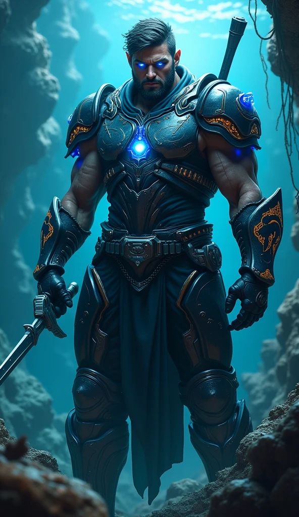 Créer un corps entier, Puissant, avatar de guerrier des profondeurs futuriste avec technologie avancée intégrée à l'armure. Le personnage doit avoir une forte, physique héroïque et traits du visage confiants, avec certaines parties du visage visibles. L'armure doit être un mélange de styles de guerriers grecs ou atlantes anciens., couvrant les parties essentielles du corps tout en laissant certaines zones musculaires exposées. Thèmes subtils des profondeurs marines, comme des créatures bioluminescentes et des motifs abyssaux, devrait être intégré dans la conception, utilisant une palette de couleurs bleu foncé, noir, et de l'argent. Le personnage doit dégager un sentiment de force et de domination, avec des yeux bleus brillants et un aspect mystique, aura bioluminescente. Assurez-vous que le personnage est visible de la tête aux pieds, se dressant sur fond d'océan profond, avec des créatures marines brillantes et des gouffres sous-marins visibles, pour mettre en valeur le cadre Puissant et dynamique