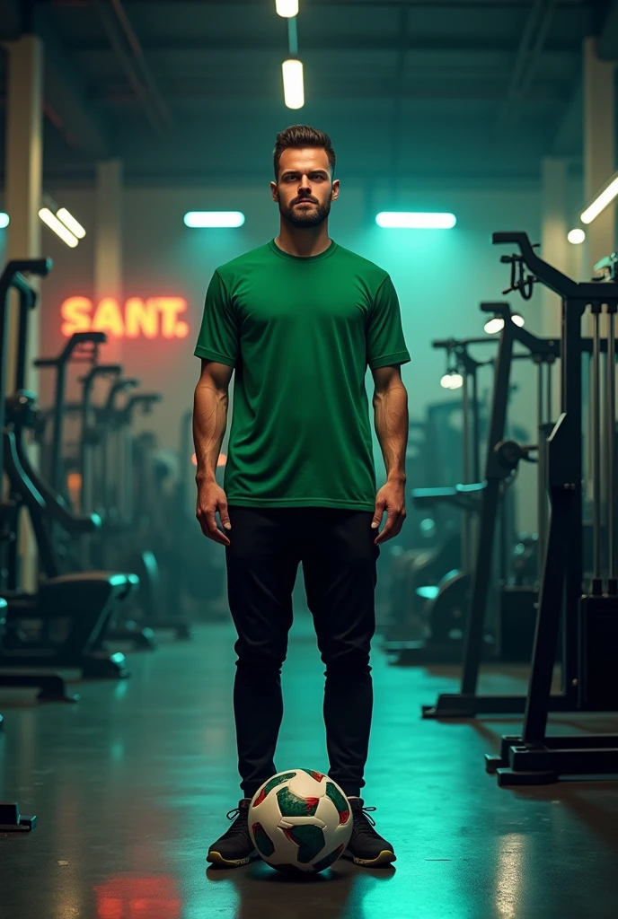 a man wearing black pants and green shirt ,standing in front of fitness equipment inside a shop, looking ahead, holding a soccer ball, photorealistic, dynamic lighting, highly detailed, 8k, best quality