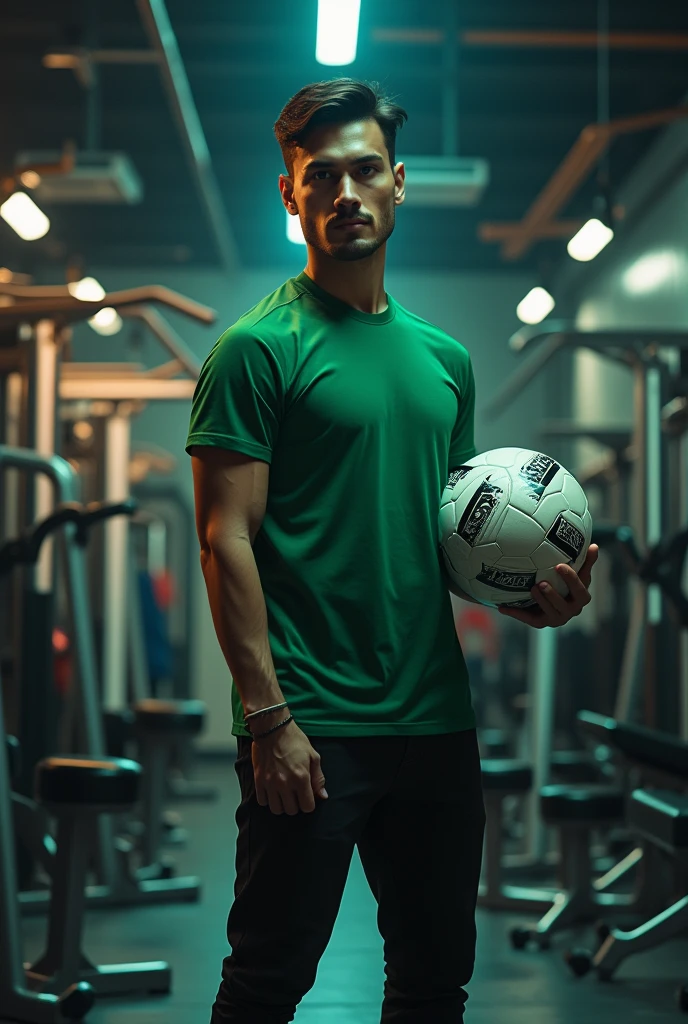 a man wearing black pants and green shirt ,standing in front of fitness equipment inside a shop, looking ahead, holding a soccer ball, photorealistic, dynamic lighting, highly detailed, 8k, best quality