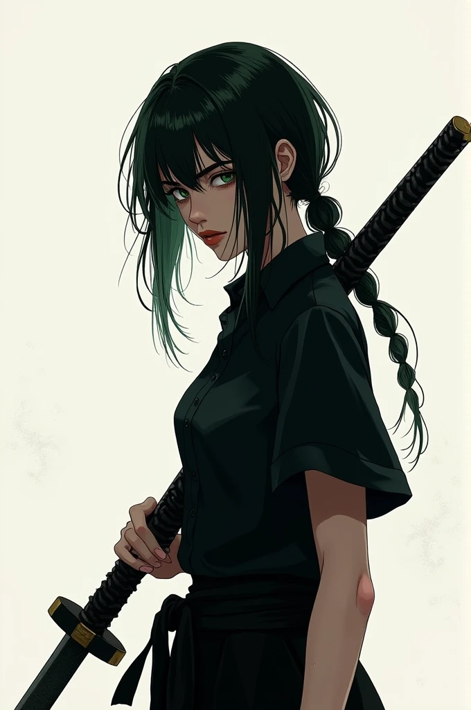 Fille avec une chemise noire, cheveux mi-long noir avec des pointes vertes, avec un katana à la main