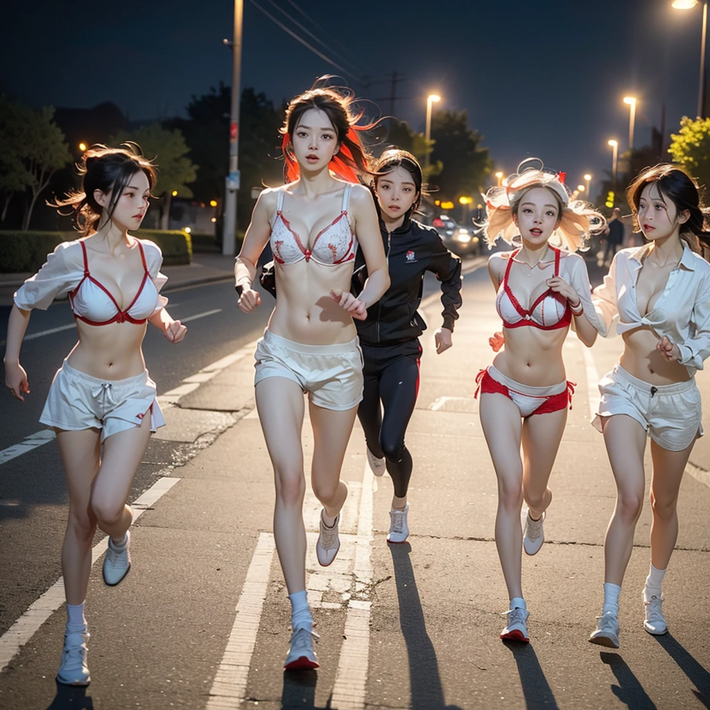 (((three women running at night))),sweat a lot in sportswear,Headphones running along the river in the park,There is a street light next to the park road., And the only light source is the only light source。The photo looks healthy and positive。
((((Emphasize cleavage))))
(((((I can see a red and white bra.)))))
((Full body photo))