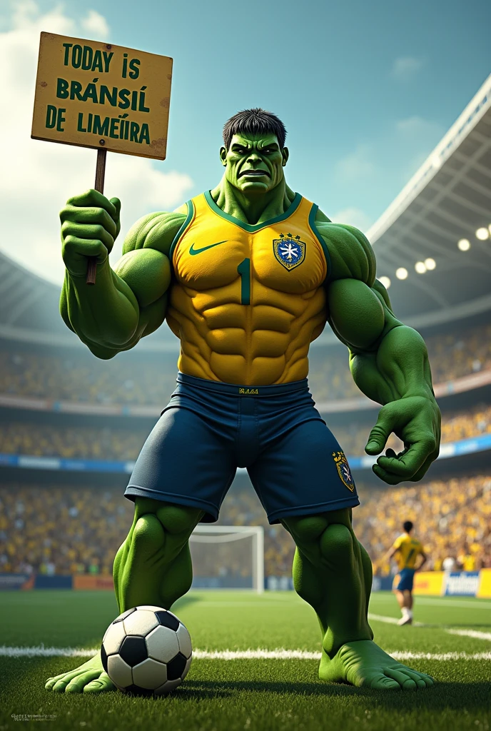 Hulk in a football stadium with the Brazilian team shirt written BRASIL DE LIMEIRA holding a sign in his hand written TODAY HAS BRASIL DE LIMEIRA and stepping on a ball
