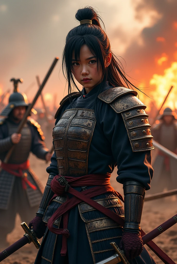 Japan Female Samurai、Female warriors of the Sengoku period、Wearing a helmet、Scene of fierce fighting、There are many people fighting around、Flames are rising all around、Sense of presence。Real、Genuine、25age、Black Hair
