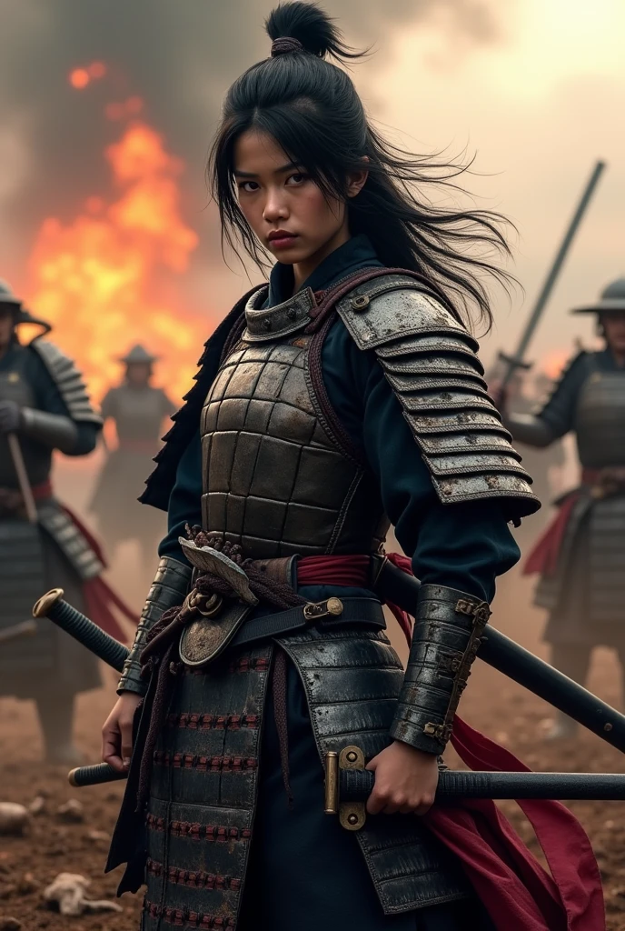 Japan Female Samurai、Female warriors of the Sengoku period、Wearing a helmet、Scene of fierce fighting、There are many people fighting around、Flames are rising all around、Sense of presence。Real、Genuine、２５age、Black Hair