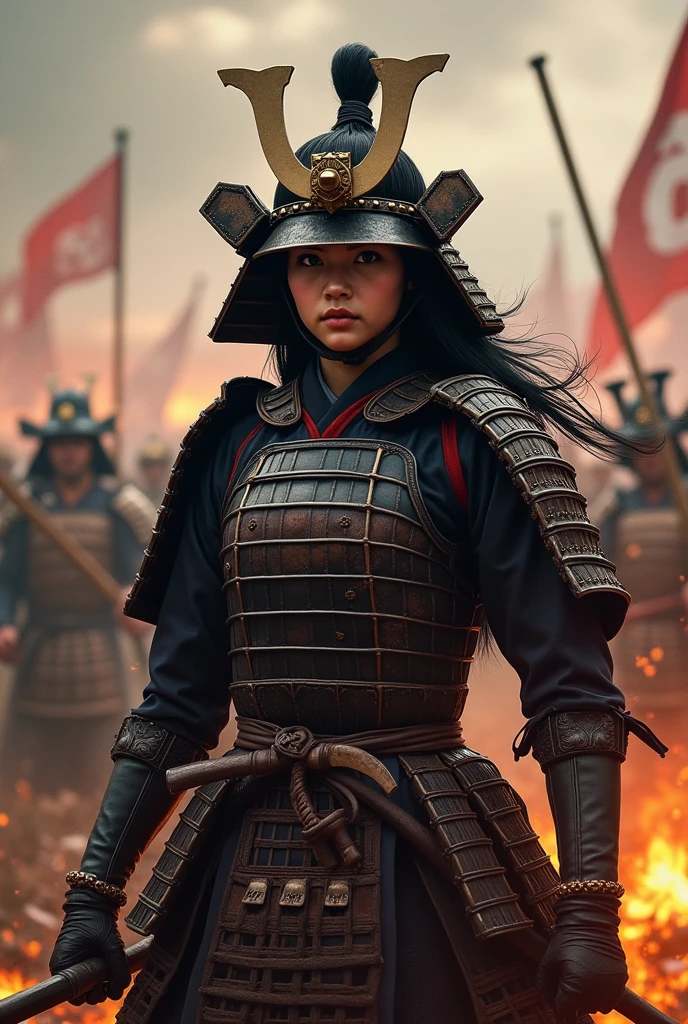 Japan Female Samurai、Female warriors of the Sengoku period、Wearing a helmet、Scene of fierce fighting、There are many people fighting around、Flames are rising all around、Sense of presence。Real、Genuine、２５age、Black Hair