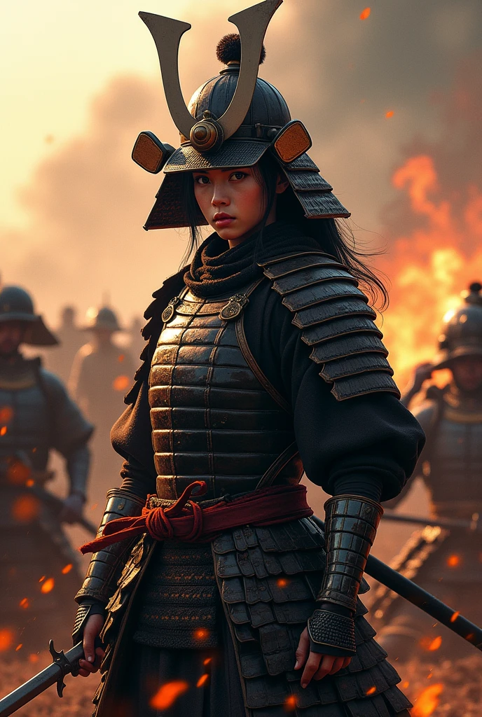 Japan Female Samurai、Female warriors of the Sengoku period、Wearing a helmet、Scene of fierce fighting、There are many people fighting around、Flames are rising all around、Sense of presence。Real、Genuine、25age、Black Hair