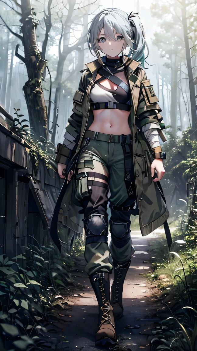 (Young girl), (medium grey-blue hair), (side ponytail), (Grey-green eyes expressive with a hint of steel) ,(A look that demands respect), (bandages covering chest), (medium breast:1.3), (dirty aspect, scars:0.7), (militar pants and boots), (exposed belly), (Torn military clothes:0.7), (fantasy ruins in the forest background), (bandages chest:0.6), (Small militar jacket), (walking)