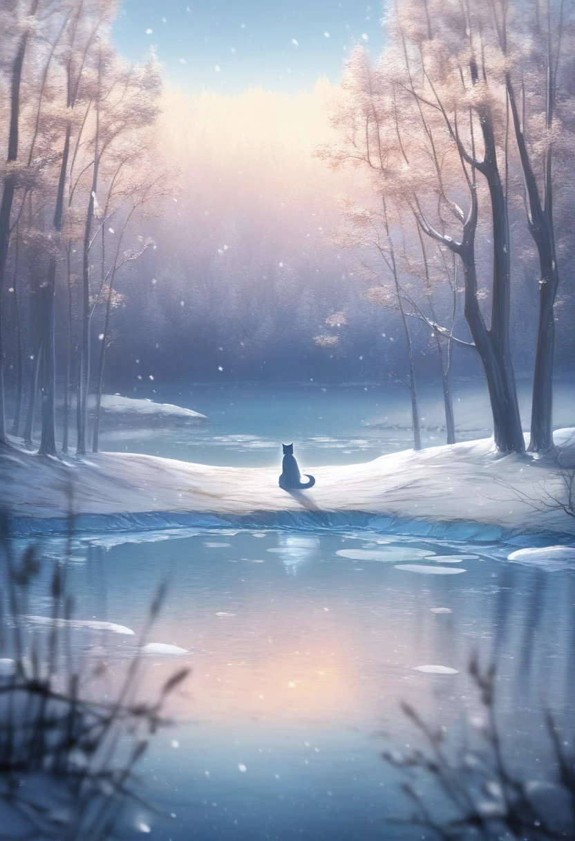 ((Masterpiece)), ((Best Quality)), (Very Detailed), ((Very Detailed)), 4K, (8K), very aesthetic, absurdres highres, 1 woman, (anthropomorphic cat, furry, kemono:1.5), A woman wearing a bright yellow raincoat stands on the shore of a frozen lake. Fluffy snow is falling, and the surface of the lake is covered with ice. The waterproof material of the raincoat reflects the light, and the trees and lake ice in the background are covered with snow, creating a quiet and lonely atmosphere.