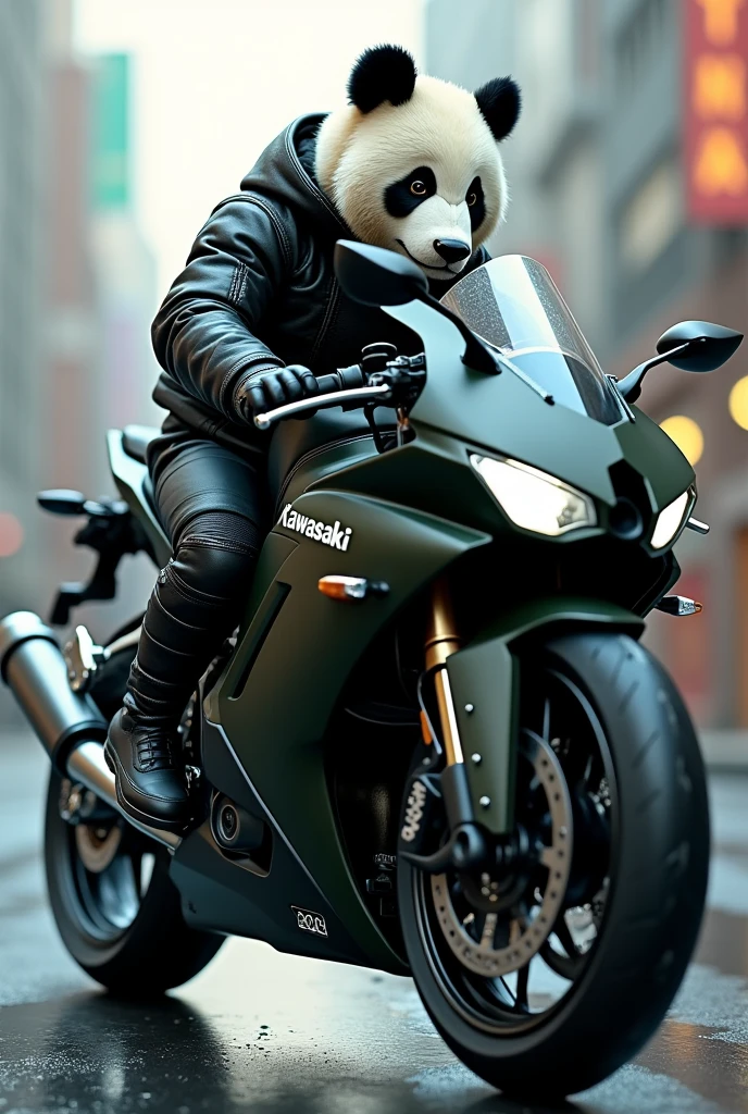 A panda bear in a leather jacket and sporty motorcycle boots on a 2023 Kawasaki Ninja sports bike
