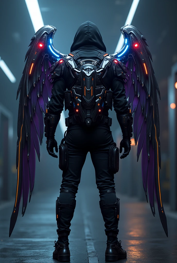  
A man stands with his back to the viewer, dressed in futuristic tactical gear. His outfit is a mix of modern tank designs and high-tech elements, mainly in black, with purple accents, silver, neon blau, and red. On his back, he has mechanical wings made of shiny metal, adorned with neon lights that glow in blue and red. The wings are elaborately designed, with a touch of futuristic technology. The man is wearing a hood, which is pulled low over his head, his face hidden in the shadow. The scene is dark and mysterious, with a slightly futuristic shimmer from the neon lights. The wings are reminiscent of angel wings and are retracted. The wings are bigger than the man. The wings are attached to his back 