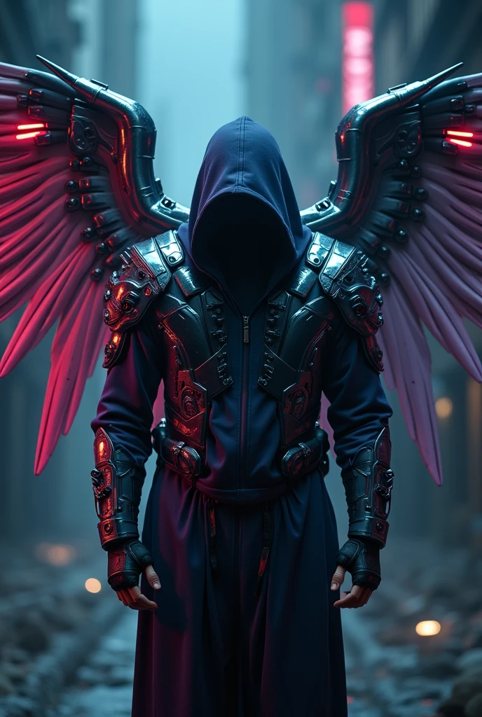 A man stands with his back to the viewer, dressed in futuristic tactical gear. His outfit is a mix of modern tank designs and high-tech elements, mainly in black, with purple accents, silver, neon blau, and red. On his back, he has mechanical wings made of shiny metal, adorned with neon lights that glow in blue and red. The wings are elaborately designed, with a touch of futuristic technology. The man is wearing a hood, which is pulled low over his head, his face hidden in the shadow. The scene is dark and mysterious, with a slightly futuristic shimmer from the neon lights. The wings are reminiscent of angel wings and are retracted. The wings are bigger than the man. The wings are attached to his back