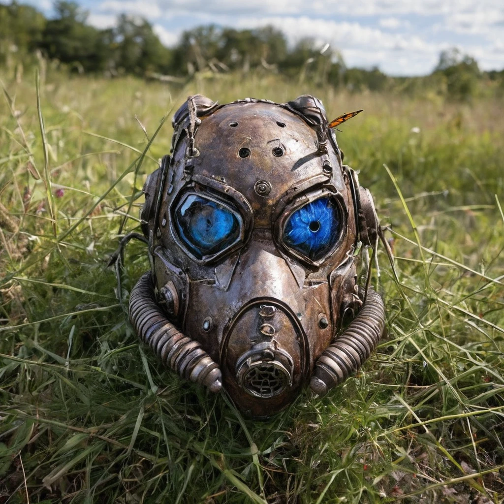 High Resolution, High Quality, Masterpiece. broken Rusty Steel Brotherhood power armor mask from game "Fallout" It is covered with earth , broken with a pierced eyecup, embedded in tall grass, Almost hidden in the grass, overgrown with bindweed. A cornflower flower grew through the hole. butterflies and flies. entwined by bindweed, cornflower sprouting through the hole, text "game  over" floating above, hyper-detailed, 32k resolution, digital painting, ultra-fine details.